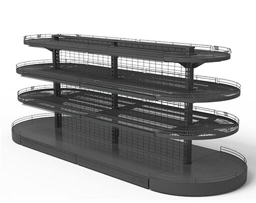 Островной стеллаж сетчатый с островными полукруглыми полками 